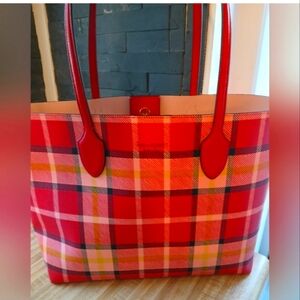 Kate Spade plaid tote with light pink wristlet.